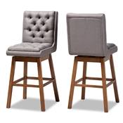 Baxton Studio Gregory Modern Transitional Grey Fabric Upholstered and Walnut Brown Finished Wood 2-Piece Swivel Bar Stool Set